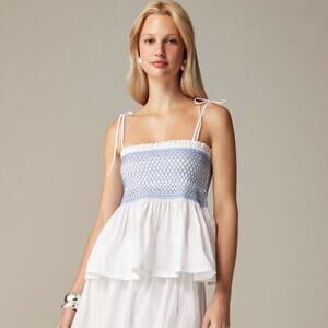 NWT J. Crew 2024 M Paloma Top Smocked CA583 White Blue